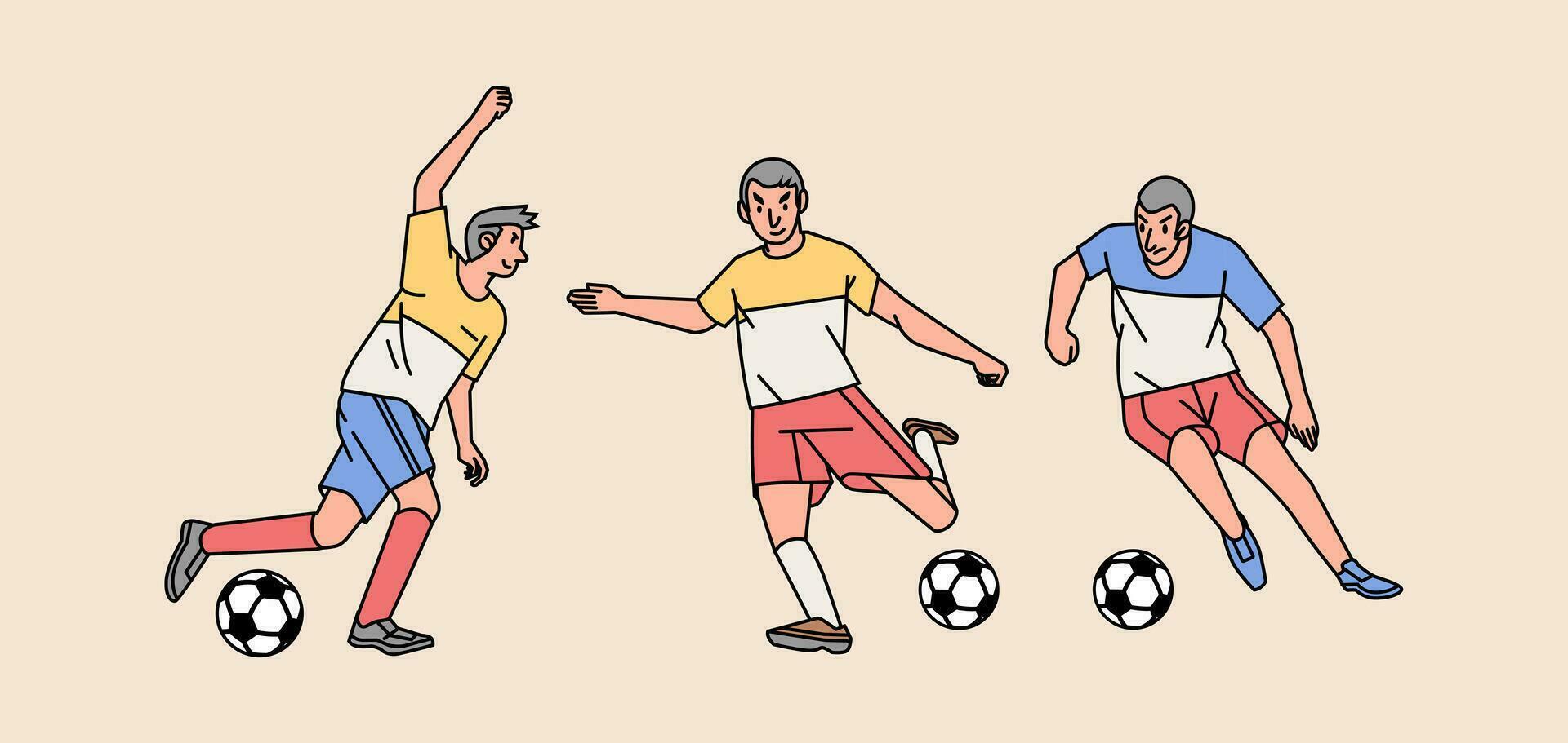Fußball Spieler Charakter im Aktion verschiedene posiert einstellen Linie Stil Illustration vektor