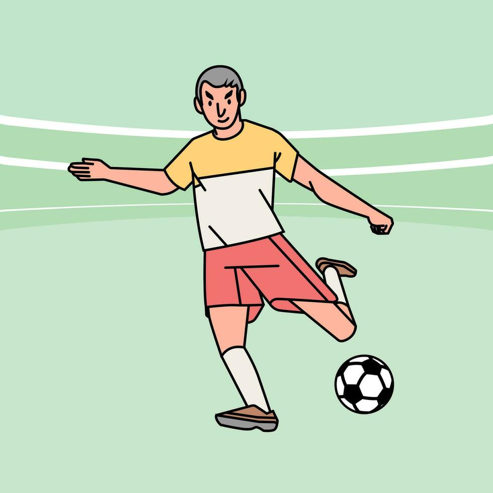 fotboll fotboll man karaktär spelare i verkan idrottare på fält linje stil vektor