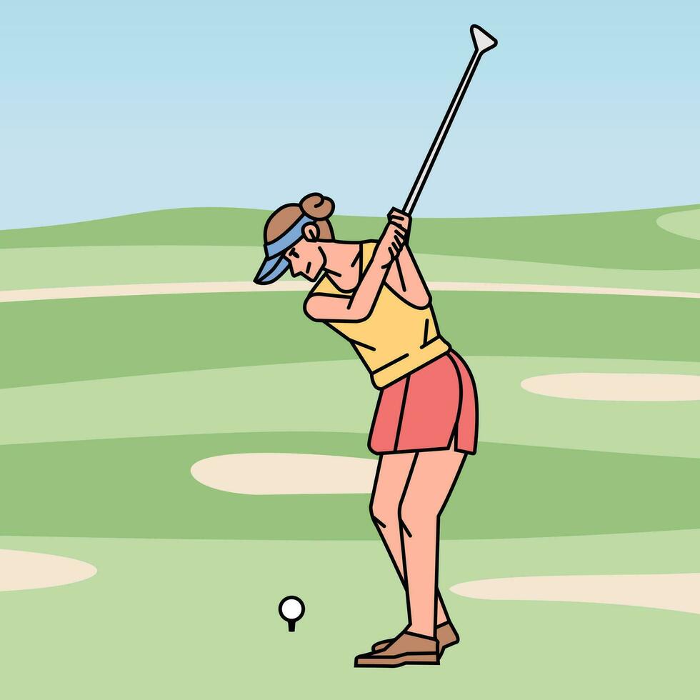 ung kvinna spelar golf på de kurs linje stil illustration vektor