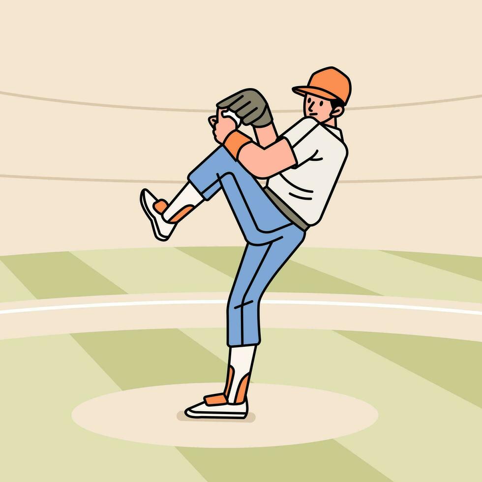 Baseball Charakter Spieler Aktion Athlet auf das Stadion Linie Stil Illustration vektor