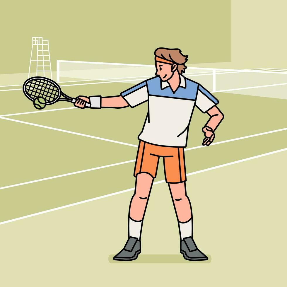 tennis man karaktär spelare i verkan idrottare på fält linje stil illustration vektor