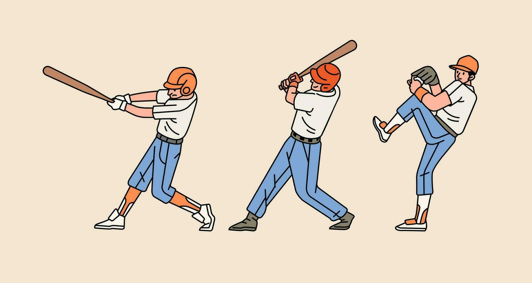 baseboll karaktär spelare i verkan uppsättning linje stil illustration vektor