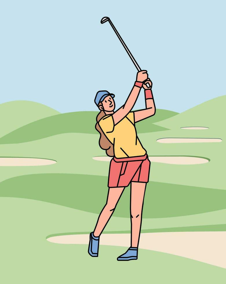 ung kvinna spelar golf på de kurs linje stil illustration vektor
