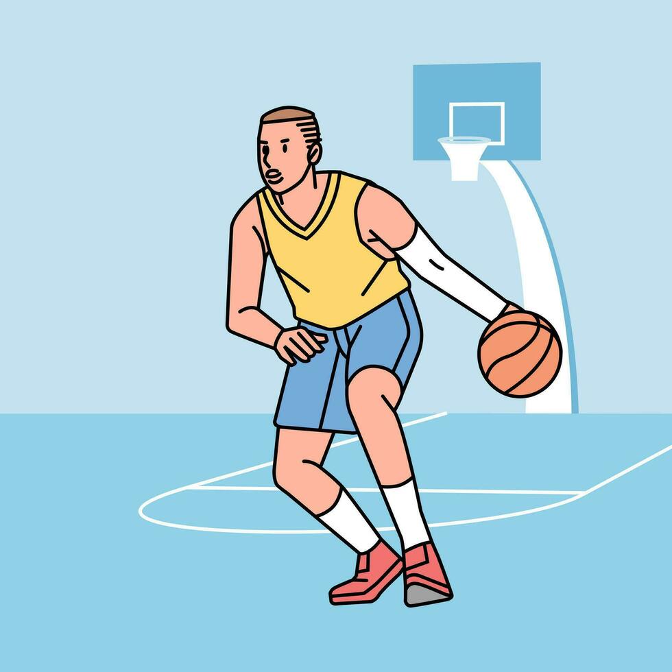 Basketball Spieler Mann Charakter im Aktion Athlet auf Feld Linie Stil vektor