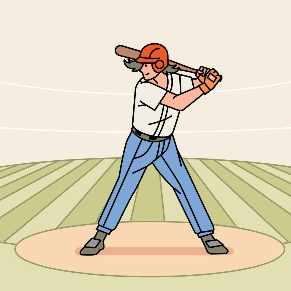 Baseball Charakter Spieler Aktion Athlet auf das Stadion Linie Stil Illustration vektor