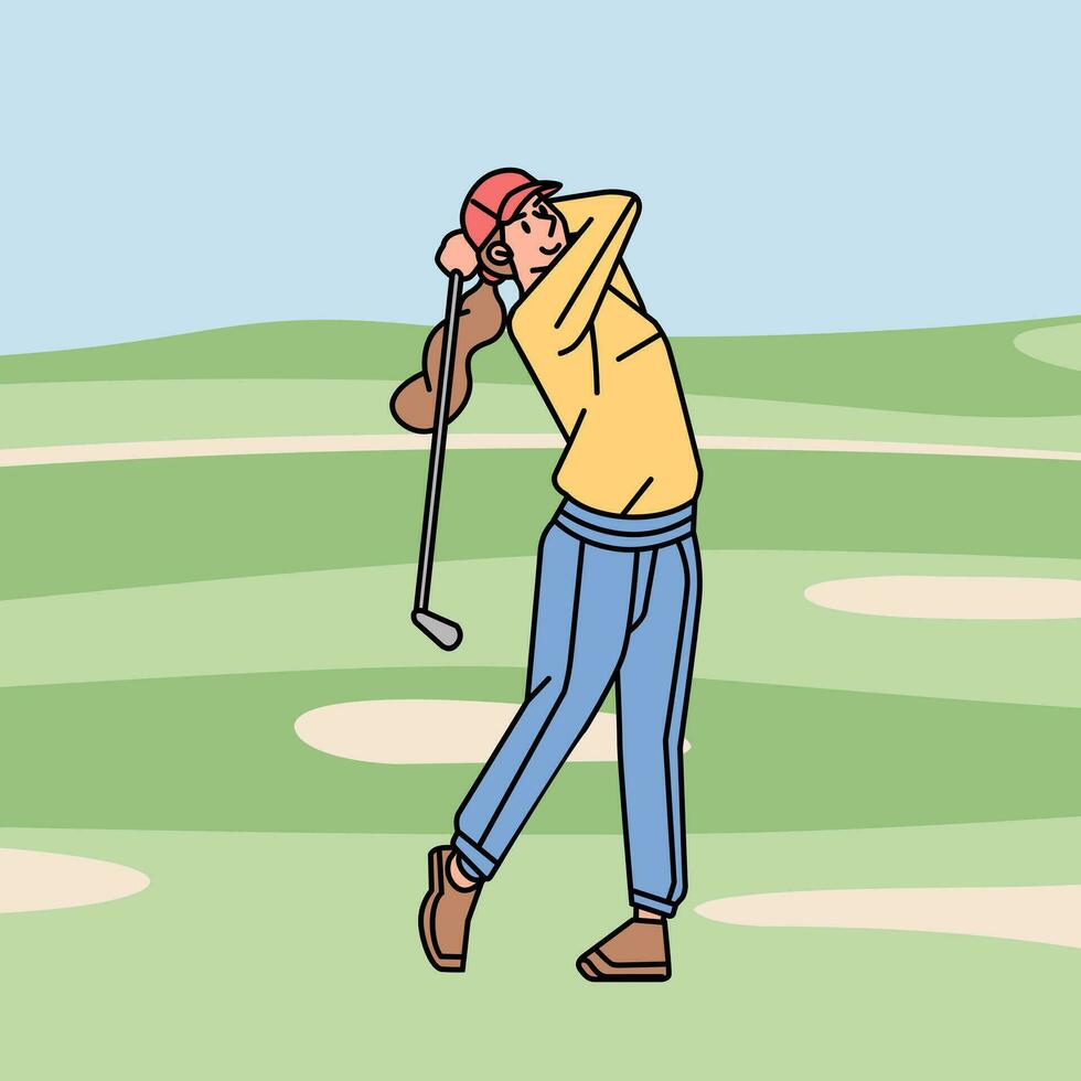 ung kvinna spelar golf på de kurs linje stil illustration vektor