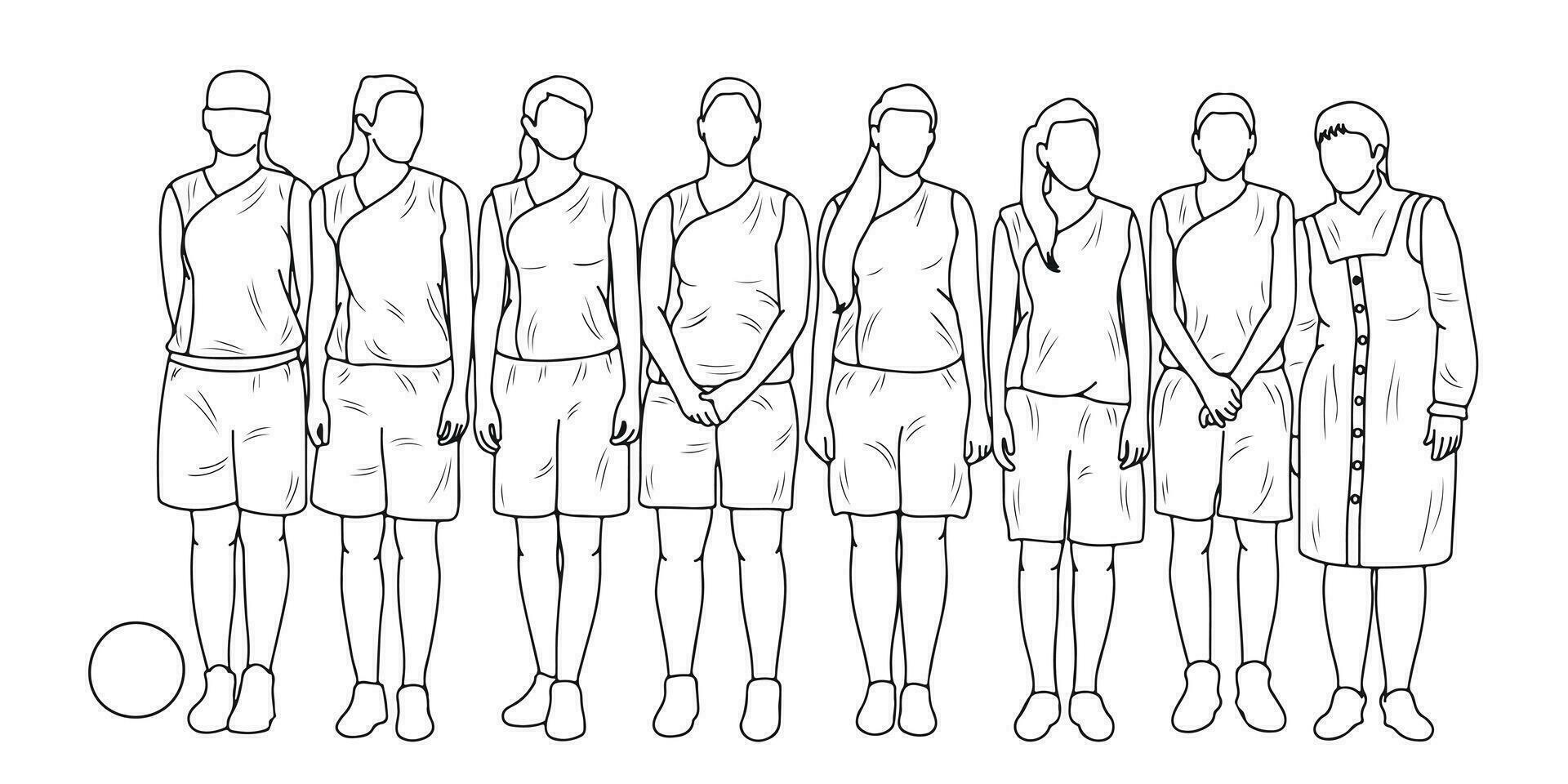 Hand gezeichnet skizzieren von weiblich Basketball Spieler Sportler Silhouetten, Basketball, isoliert Vektor