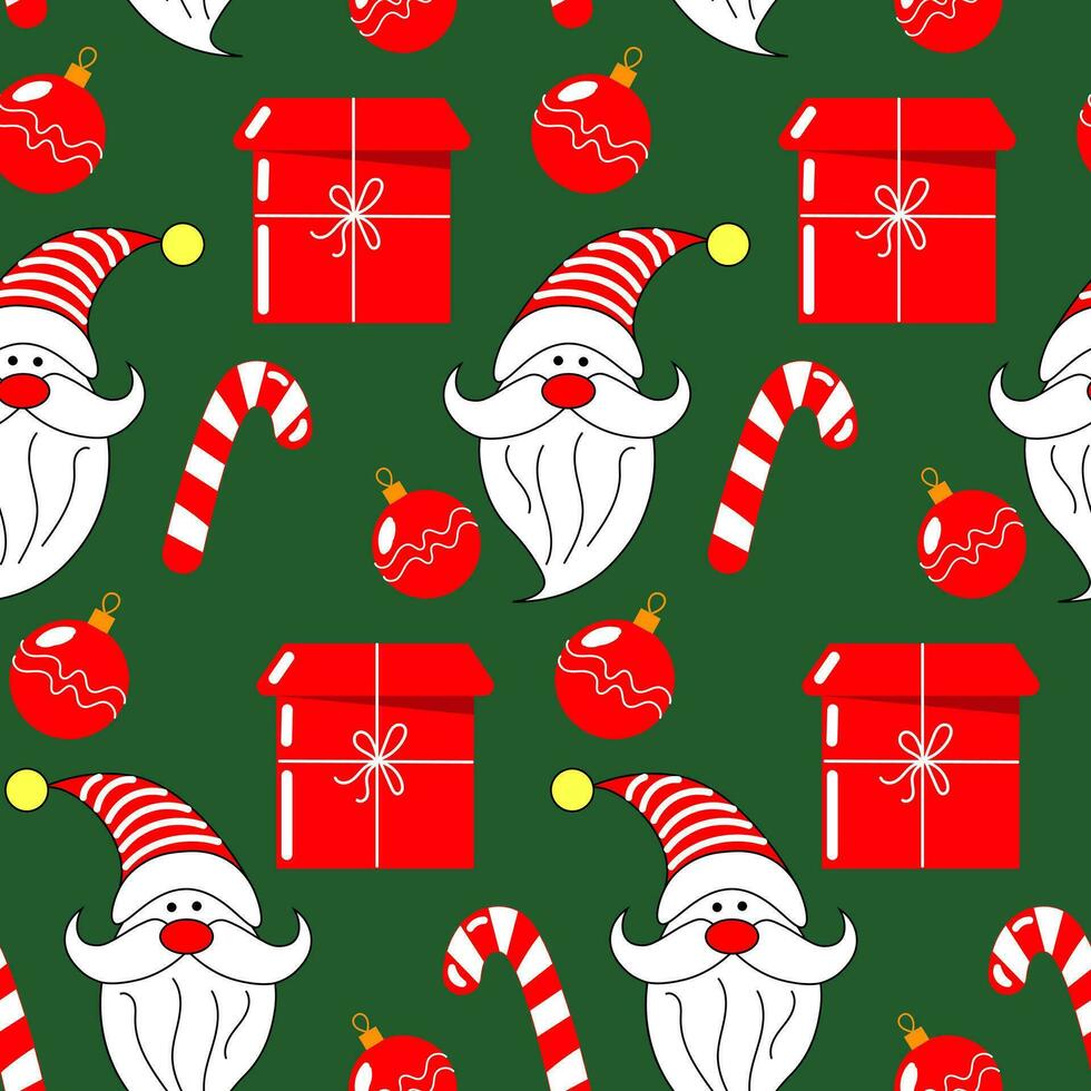 sömlös mönster, ansikte av rolig santa claus, godis och jul bollar på en blå bakgrund. skriva ut, textil, vektor