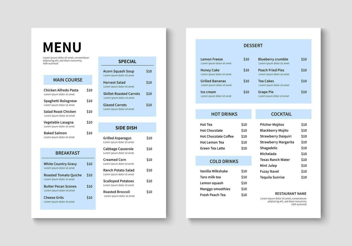 modern restaurang meny mall. mat och dryck meny layout design. vektor illustration