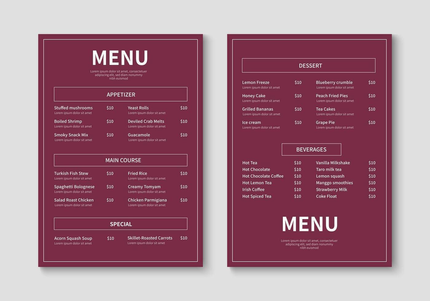 modern restaurang meny mall. mat och dryck meny layout design. vektor illustration
