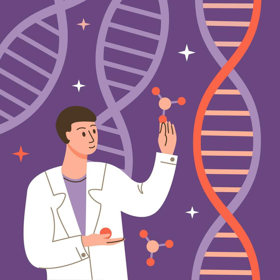 dna, gen arv, biologi vetenskap. man innehav och utforska genom, medicin upptäckt. vetenskaplig laboratorium forskning och molekyl analys. vektor