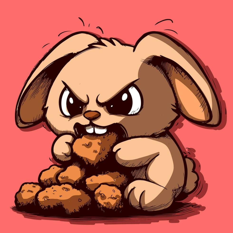 Vektor von ein klein kawaii Karikatur Hase Sein wütend und Essen Hähnchen Nuggets. anthropomorph Hase verschlingen schnell Essen