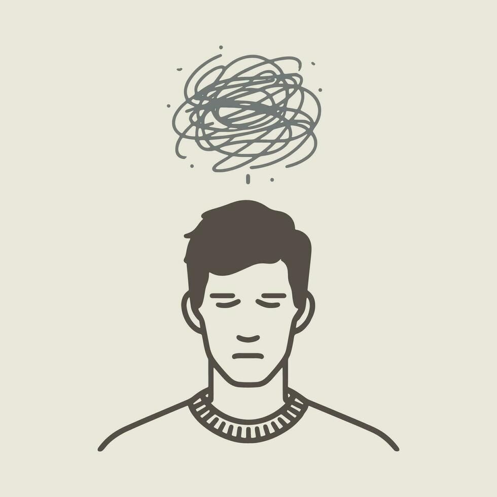 stark påfrestning sinne lugna deprimerad män lida huvudvärk tankar mental känslor angelägen silhuett linje platt vektor minimal klottra ovan ansikte huvud