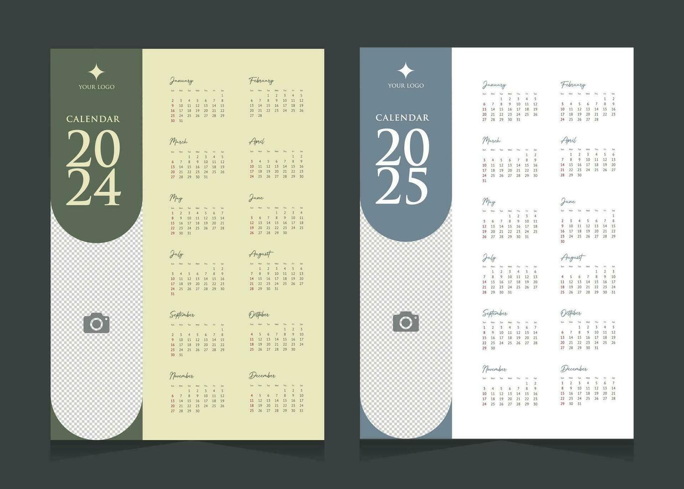 vägg kalender 2024 och 2025 mall design. blå och gul vertikal kalender vektor