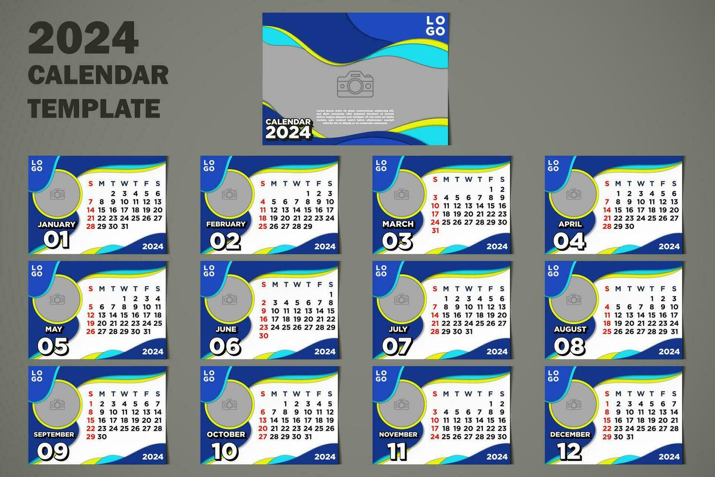 Vektor Schreibtisch Kalender 2024 Vorlage Papier Schnitt Blau Themen