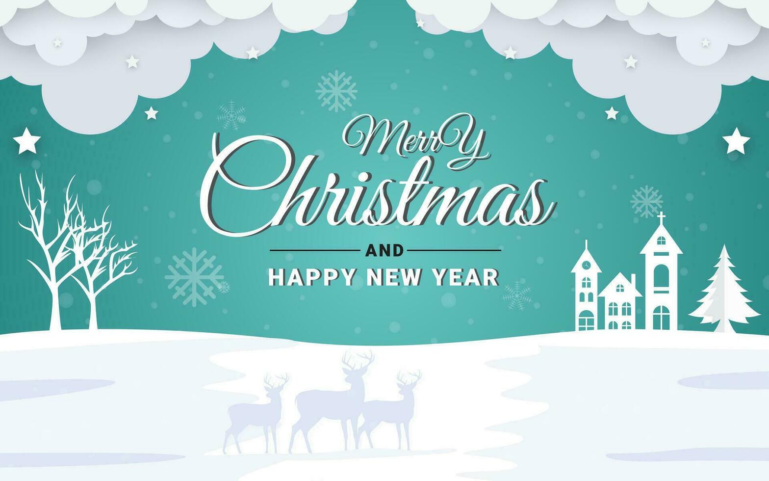 illustration av glad jul och happnew år 2024, santa Kära till landsbygden by i vinter- bakgrund och papper skära stil begrepp vektor
