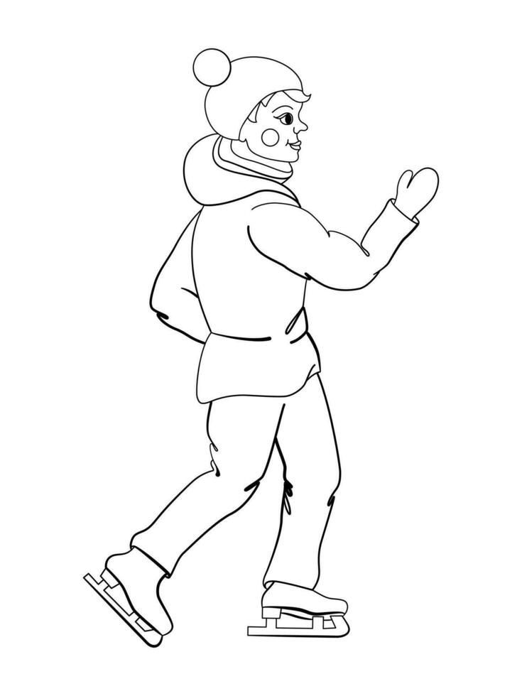 tecknad serie vektor. illustration av sporter pojke på skridskor på vinter- tid. isolerat. färg bok sida. vektor