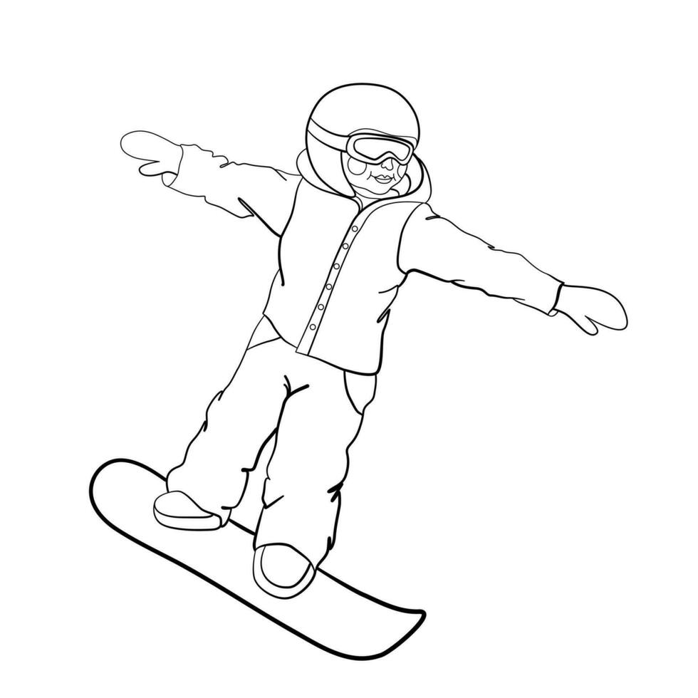 färg. färg sida av en Lycklig pojke ridning en snowboard. barns färg bok design handla om vinter- spel. vektor