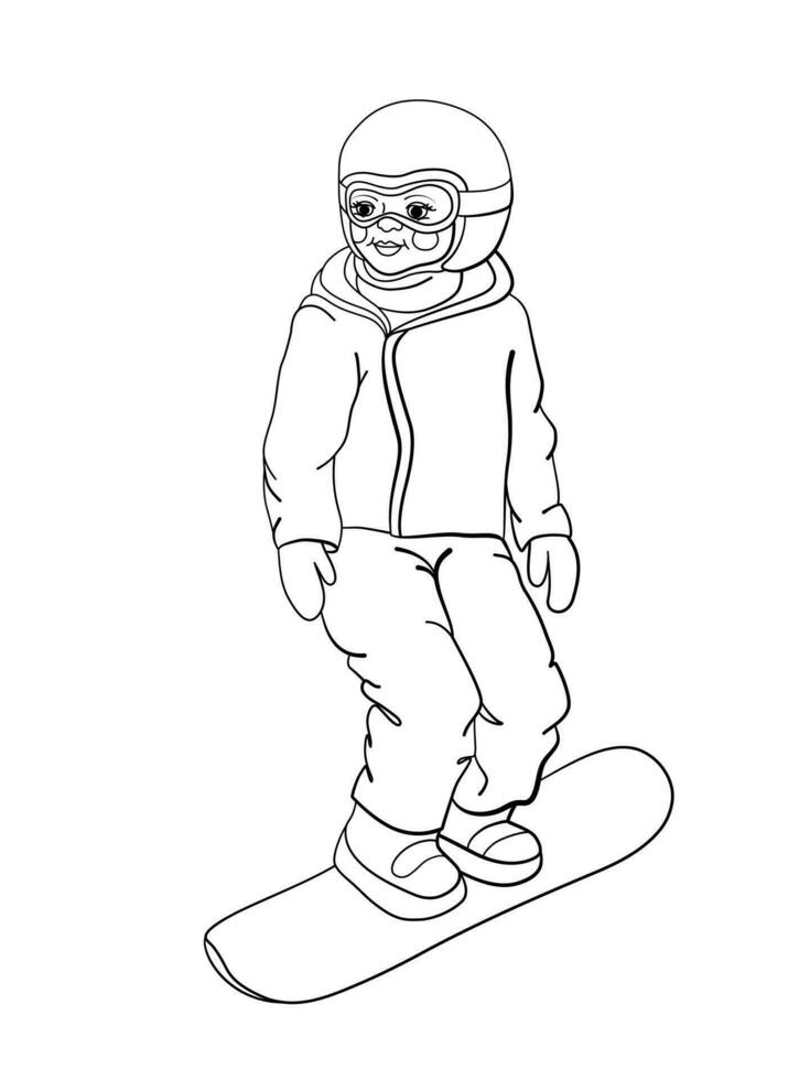 Färbung. Färbung Seite von ein glücklich Junge Reiten ein Snowboard. Kinder- Färbung Buch Design Über Winter Spiele. vektor