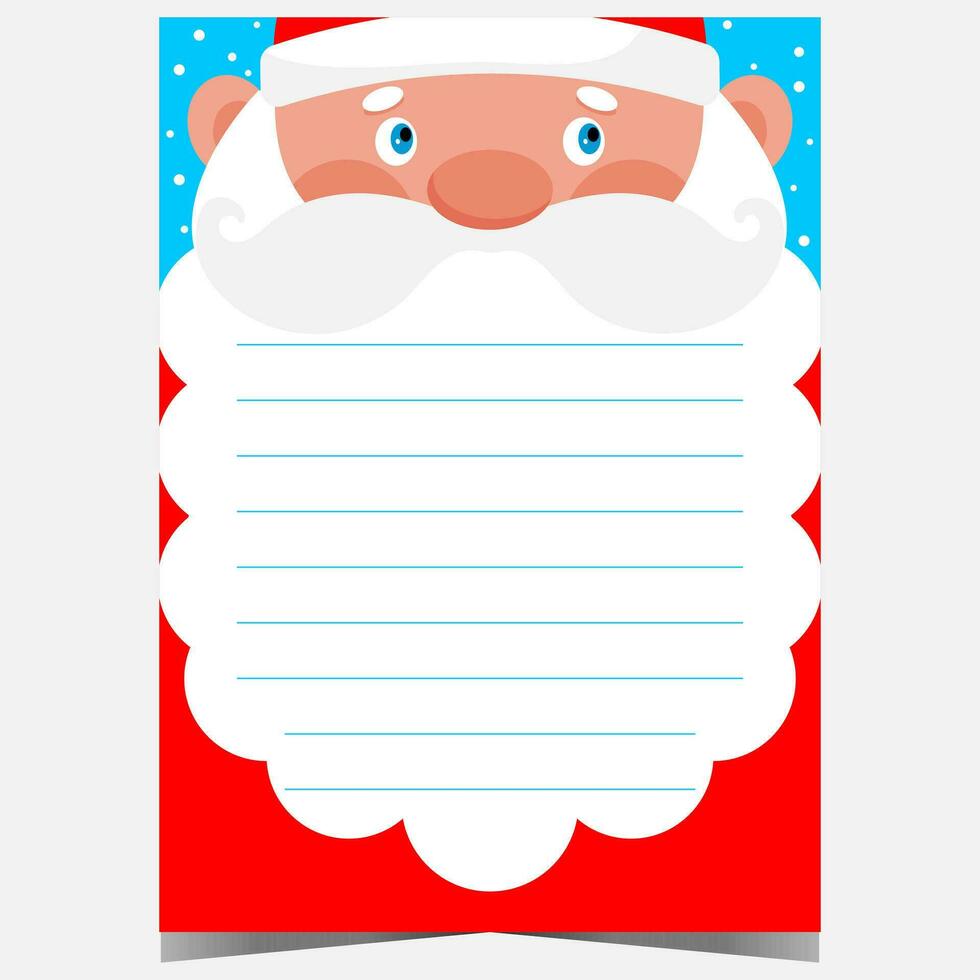 jul brev eller önskar lista mall med santa claus på bakgrund och tömma Plats till skriva en hälsning text eller congratulation meddelande på jultomten skägg. redo till skriva ut vektor illustration.