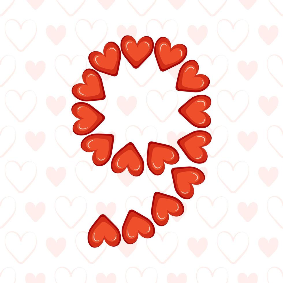 Nummer neun aus roten Herzen auf nahtlosem Muster mit Liebessymbol. festliche Schrift oder Dekoration für Valentinstag, Hochzeit, Urlaub und Design vektor