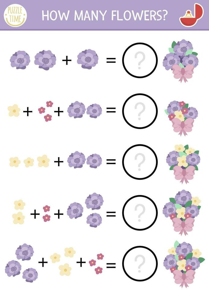 på vilket sätt många blommor spel med söt buketter. bröllop matematik tillägg aktivitet för förskola barn. enkel äktenskap ceremoni tryckbar räkning kalkylblad för barn med lila ro vektor