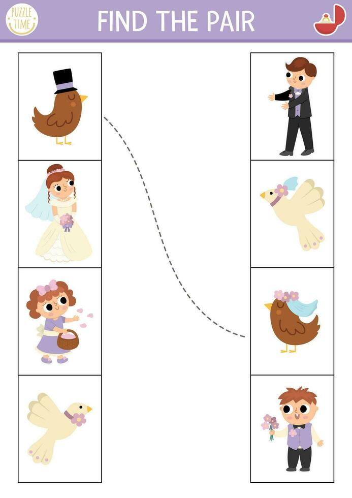 Hochzeit passend Aktivität zum Kinder. Spaß Puzzle mit süß gerade verheiratet Paare. Ehe Zeremonie lehrreich Spiel, druckbar Arbeitsblatt zum Kinder mit Liebe Thema. finden das Paar vektor