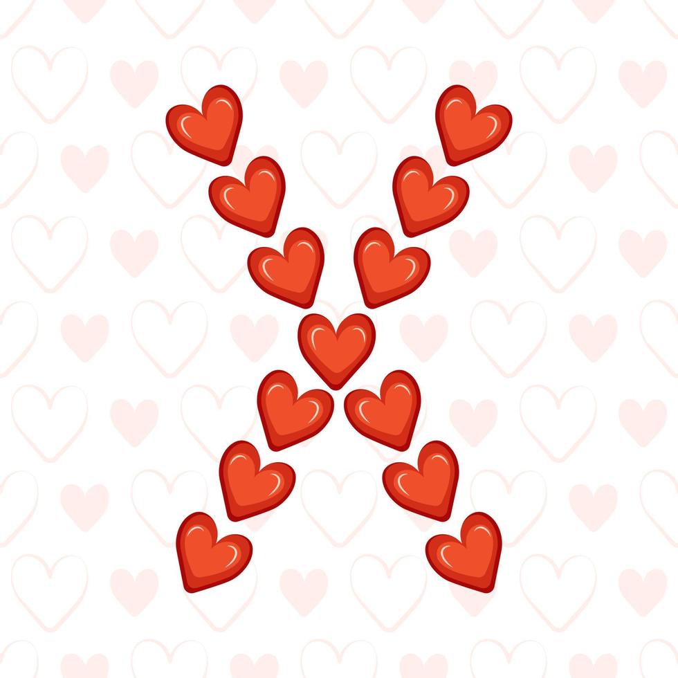 Buchstabe x aus roten Herzen auf nahtlosem Muster mit Liebessymbol. festliche Schrift oder Dekoration für Valentinstag, Hochzeit, Urlaub und Design vektor