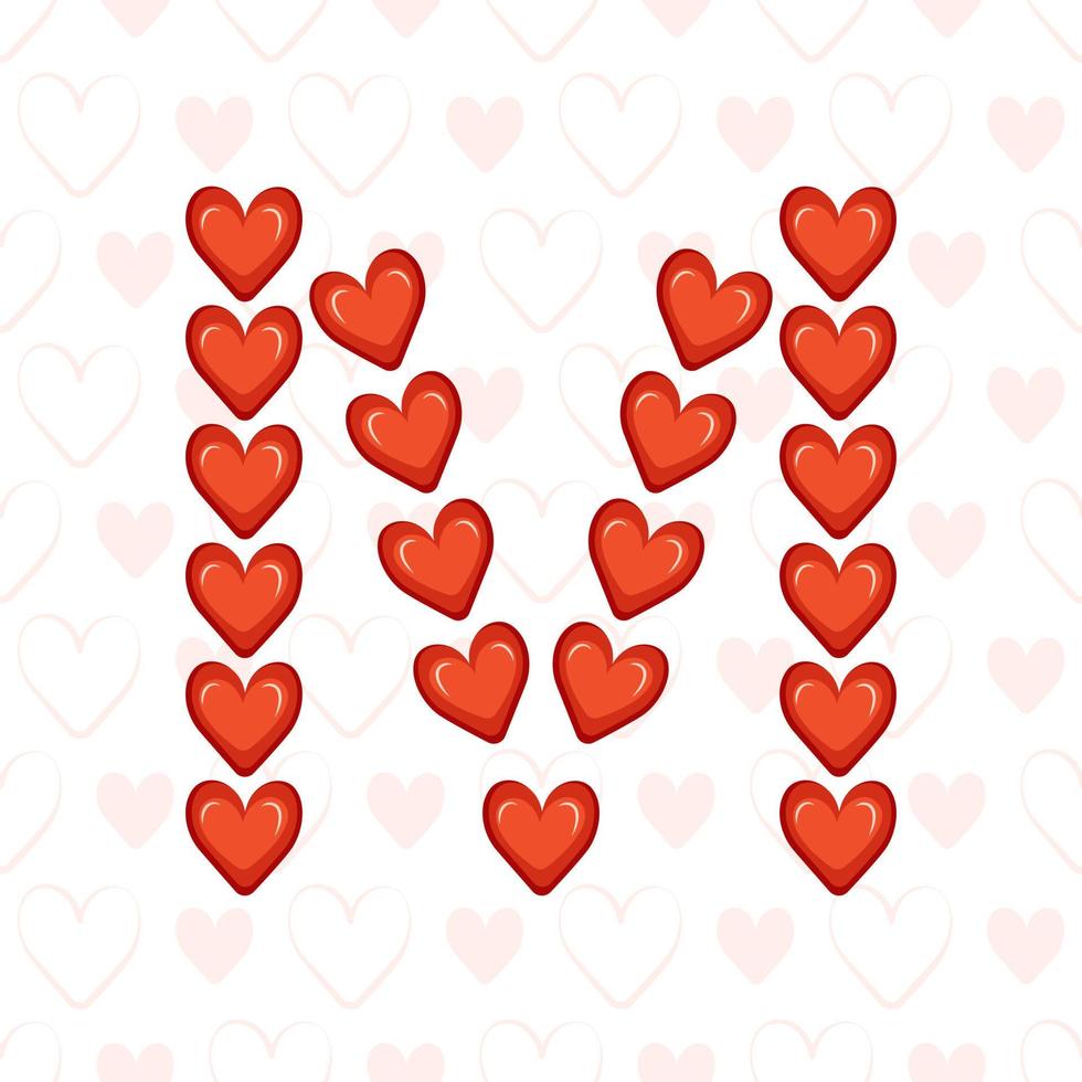 Buchstabe m aus roten Herzen auf nahtlosem Muster mit Liebessymbol. festliche Schrift oder Dekoration für Valentinstag, Hochzeit, Urlaub und Design vektor