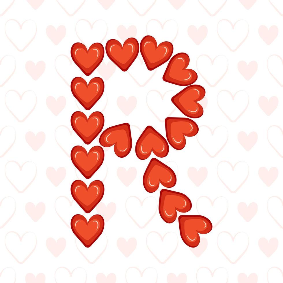 Buchstabe r aus roten Herzen auf nahtlosem Muster mit Liebessymbol. festliche Schrift oder Dekoration für Valentinstag, Hochzeit, Urlaub und Design vektor