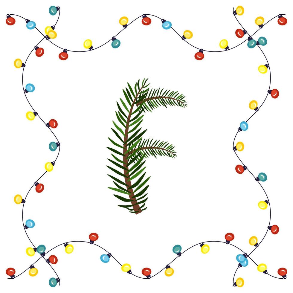 Buchstabe f aus grünen Weihnachtsbaumzweigen. festliche Schrift und Rahmen aus Girlande, Symbol für ein frohes neues Jahr und Weihnachten, Zeichen aus Alphabet vektor