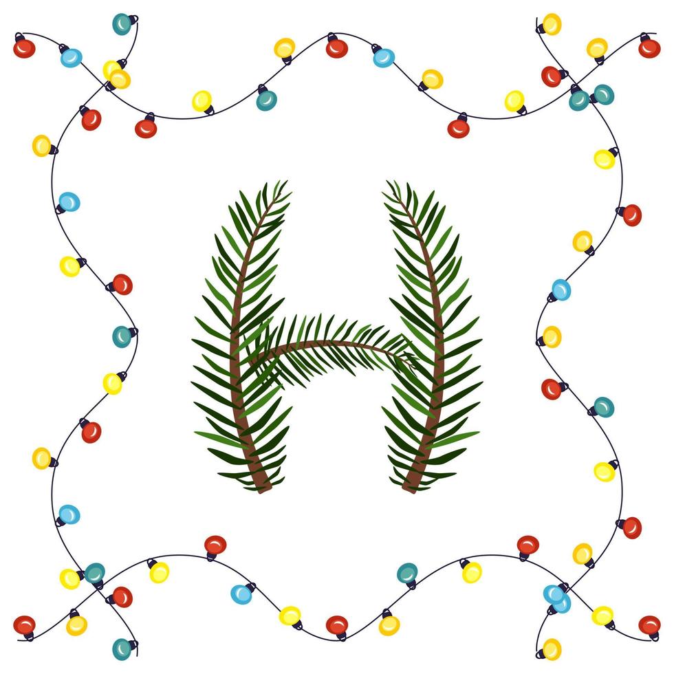 Buchstabe h aus grünen Weihnachtsbaumzweigen. festliche Schrift und Rahmen aus Girlande, Symbol für ein frohes neues Jahr und Weihnachten, Zeichen aus Alphabet vektor