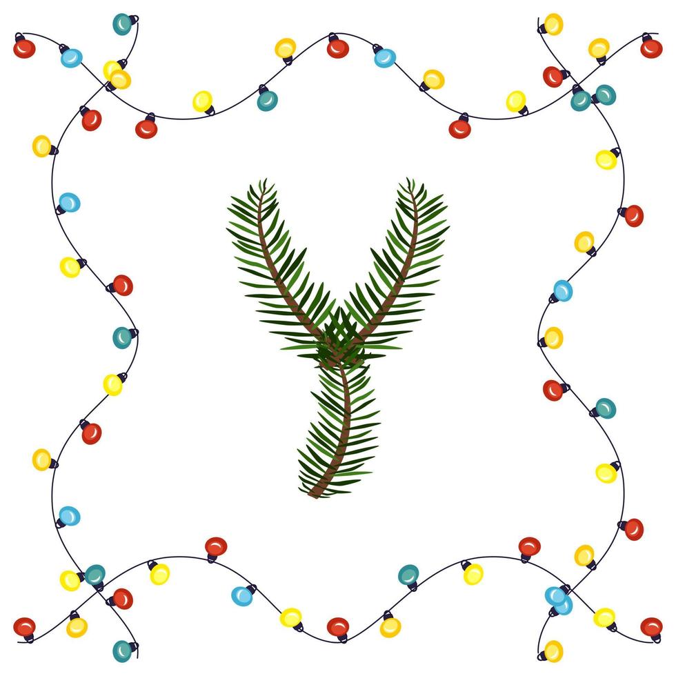 buchstabe y aus grünen weihnachtsbaumzweigen. festliche Schrift und Rahmen aus Girlande, Symbol für ein frohes neues Jahr und Weihnachten, Zeichen aus Alphabet vektor