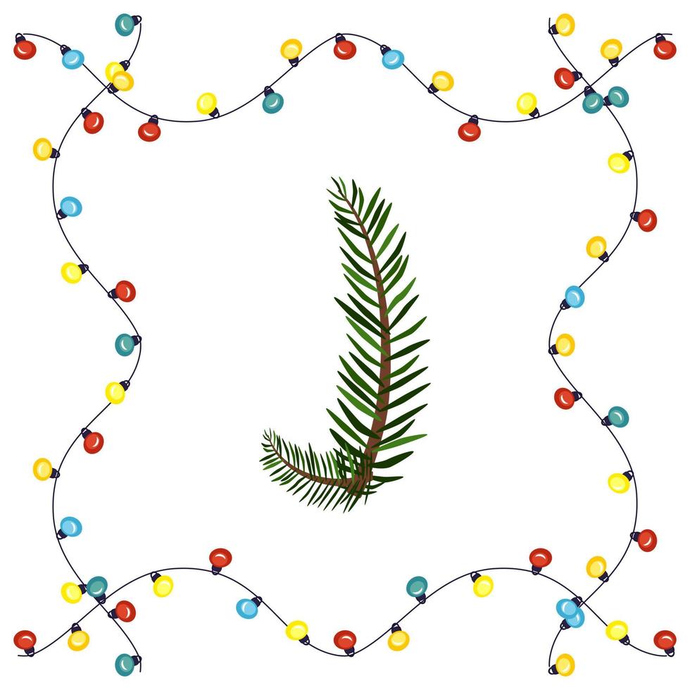 Buchstabe j aus grünen Weihnachtsbaumzweigen. festliche Schrift und Rahmen aus Girlande, Symbol für ein frohes neues Jahr und Weihnachten, Zeichen aus Alphabet vektor