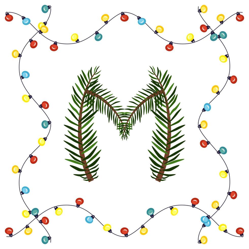 bokstaven m från gröna julgransgrenar. festligt teckensnitt och ram från krans, symbol för gott nytt år och jul, tecken från alfabetet vektor