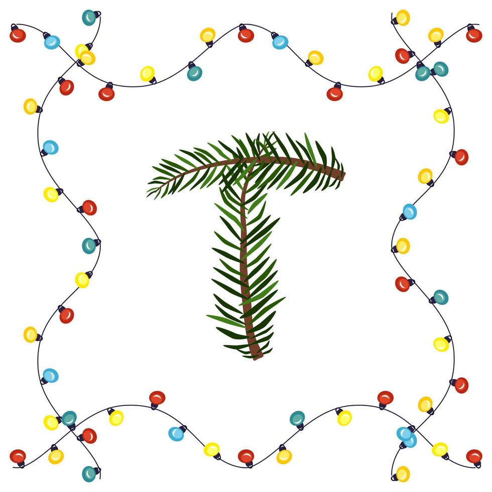 Buchstabe t von grünen Weihnachtsbaumzweigen. festliche Schrift und Rahmen aus Girlande, Symbol für ein frohes neues Jahr und Weihnachten, Zeichen aus Alphabet vektor