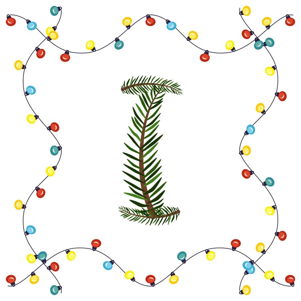 Buchstabe i von grünen Weihnachtsbaumzweigen. festliche Schrift und Rahmen aus Girlande, Symbol für ein frohes neues Jahr und Weihnachten, Zeichen aus Alphabet vektor