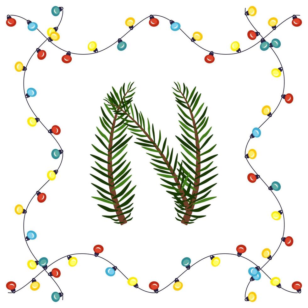 Buchstabe n von grünen Weihnachtsbaumzweigen. festliche Schrift und Rahmen aus Girlande, Symbol für ein frohes neues Jahr und Weihnachten, Zeichen aus Alphabet vektor