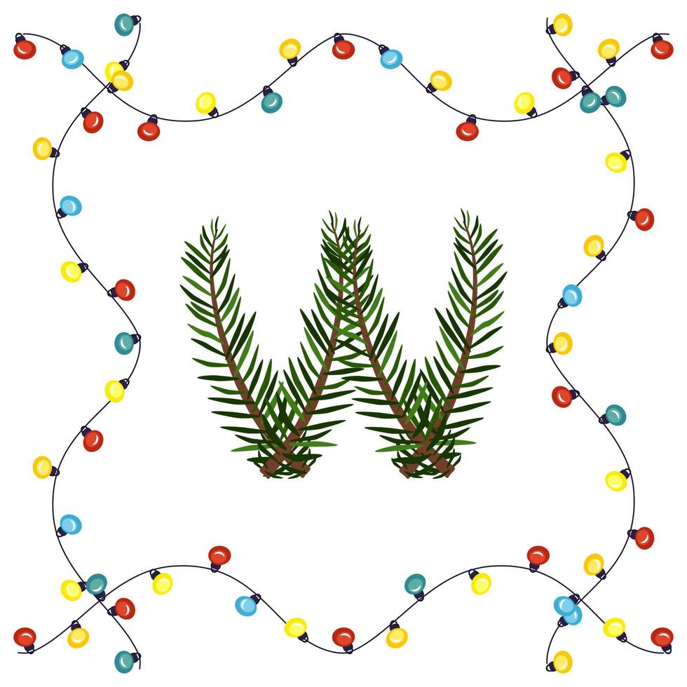 Buchstabe w aus grünen Weihnachtsbaumzweigen. festliche Schrift und Rahmen aus Girlande, Symbol für ein frohes neues Jahr und Weihnachten, Zeichen aus Alphabet vektor