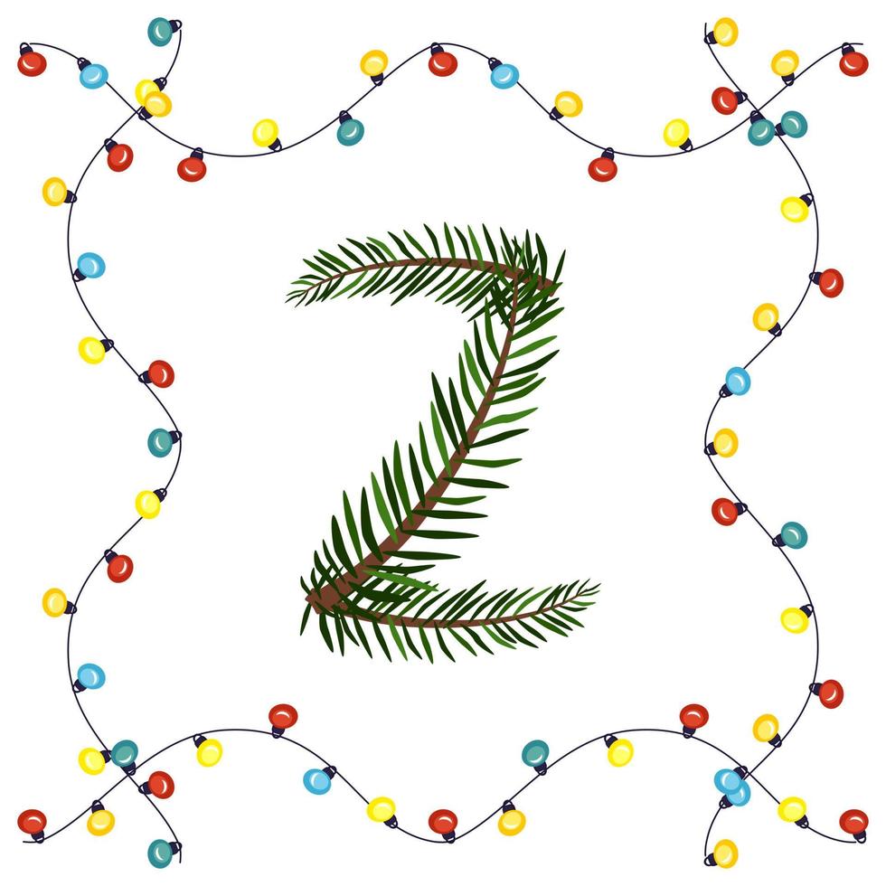 bokstaven z från gröna julgransgrenar. festligt teckensnitt och ram från krans, symbol för gott nytt år och jul, tecken från alfabetet vektor