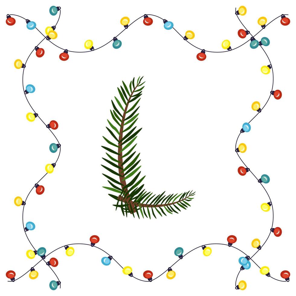 Buchstabe l aus grünen Weihnachtsbaumzweigen. festliche Schrift und Rahmen aus Girlande, Symbol für ein frohes neues Jahr und Weihnachten, Zeichen aus Alphabet vektor