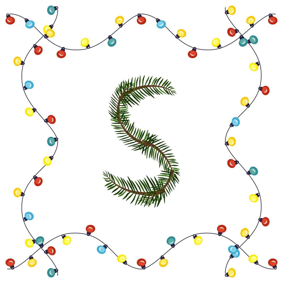 Buchstabe s von grünen Weihnachtsbaumzweigen. festliche Schrift und Rahmen aus Girlande, Symbol für ein frohes neues Jahr und Weihnachten, Zeichen aus Alphabet vektor
