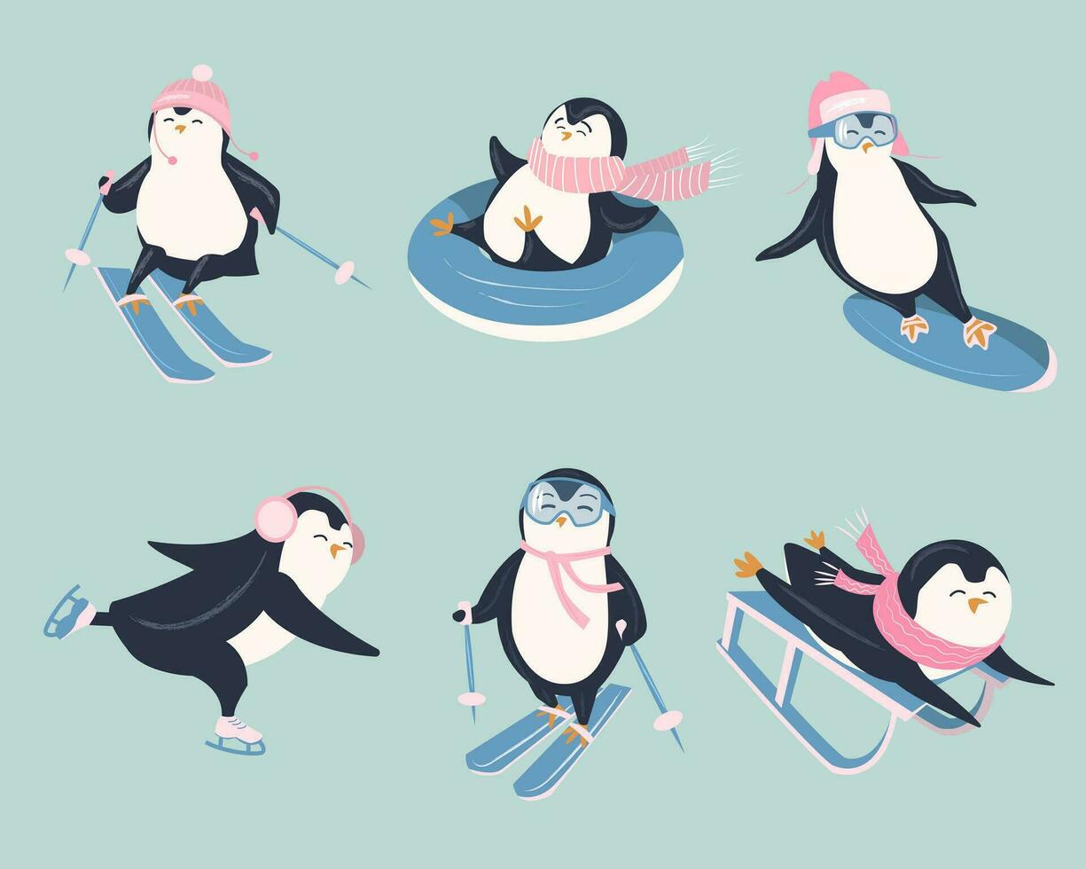 vektor uppsättning av söt rolig annorlunda pingviner vem är engagerad i vinter- fritid. färgrik barnslig vektor illustration i platt stil. Allt element är isolerat.