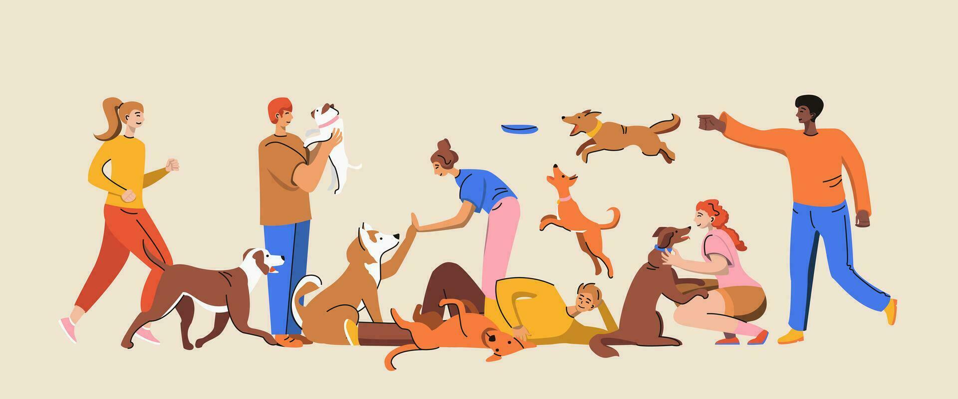 sällskapsdjur ägare vem tåg deras hundar. gemenskap av hund älskare. män och kvinnor spela med deras sällskapsdjur. platt grafisk vektor illustration isolerat på en fast bakgrund.