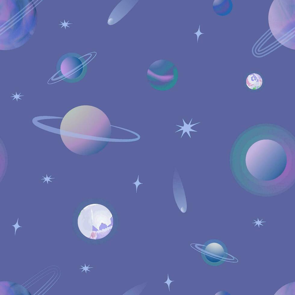vektor platt sömlös mönster bakgrund med Plats. söt Färg mall med planeter. ritningar för en kort, affisch, utskrift på tyg eller vykort
