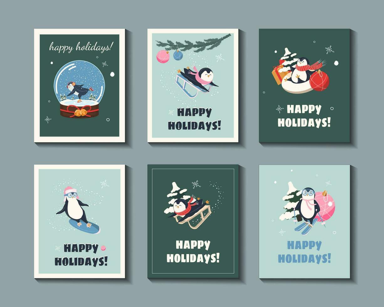 söt hand dragen pingviner uppsättning - glad jul hälsningar. vinter- Semester kort. jul mallar, jul träd, bebis pingvin, jul prydnad, fågel. vektor