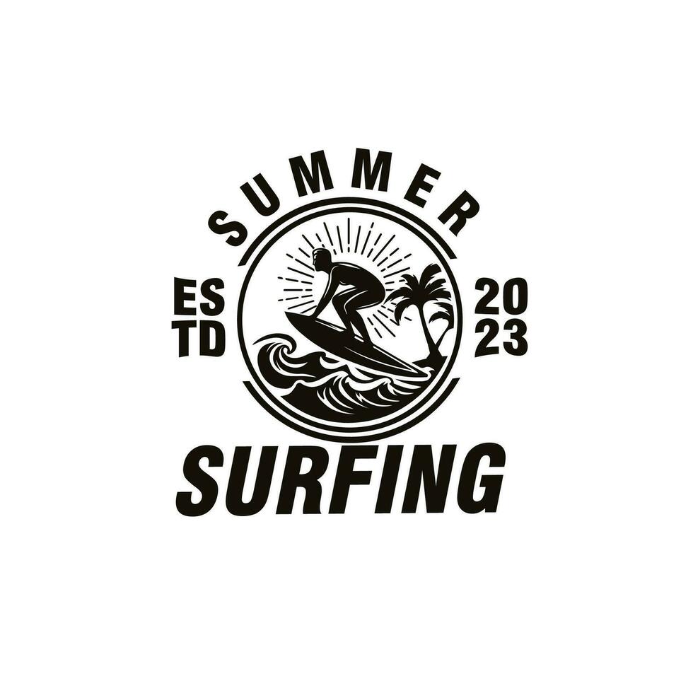 surfing årgång bricka logotyp design vektor mall illustration