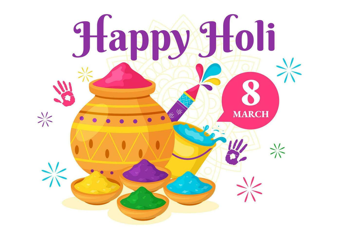 Lycklig holi festival vektor illustration med färgrik pott och pulver i hindi i färger firande platt tecknad serie bakgrund design