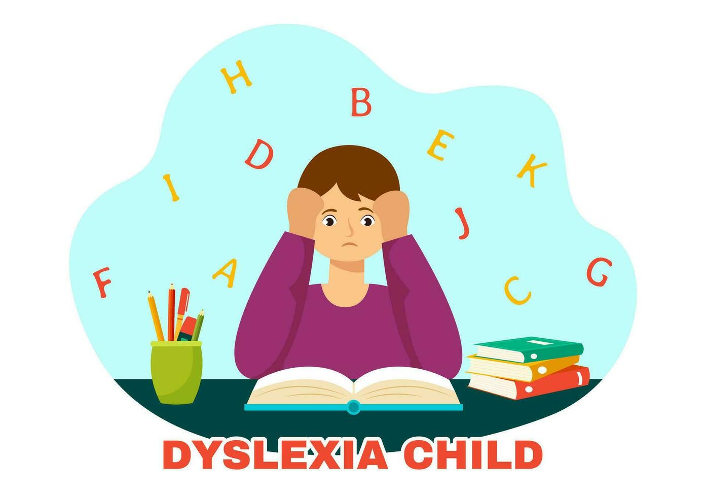 Dyslexie Kinder Vektor Illustration von Kinder Dyslexie Störung und Schwierigkeit im Lernen lesen mit Briefe fliegend aus im eben Karikatur Hintergrund