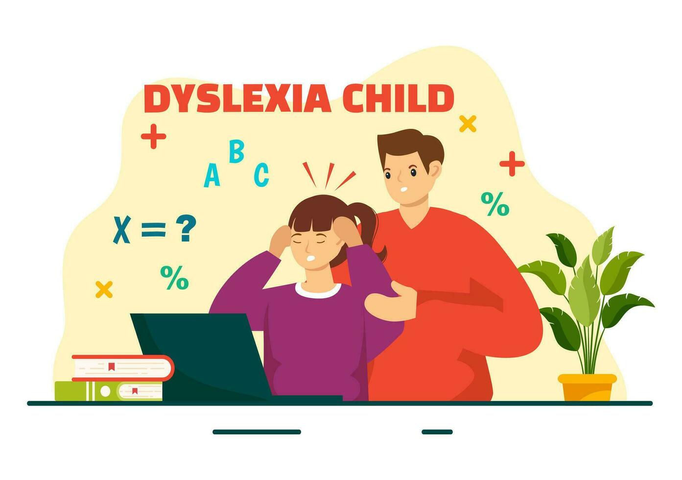 dyslexi barn vektor illustration av barn dyslexi oordning och svårighet i inlärning läsning med brev flygande ut i platt tecknad serie bakgrund